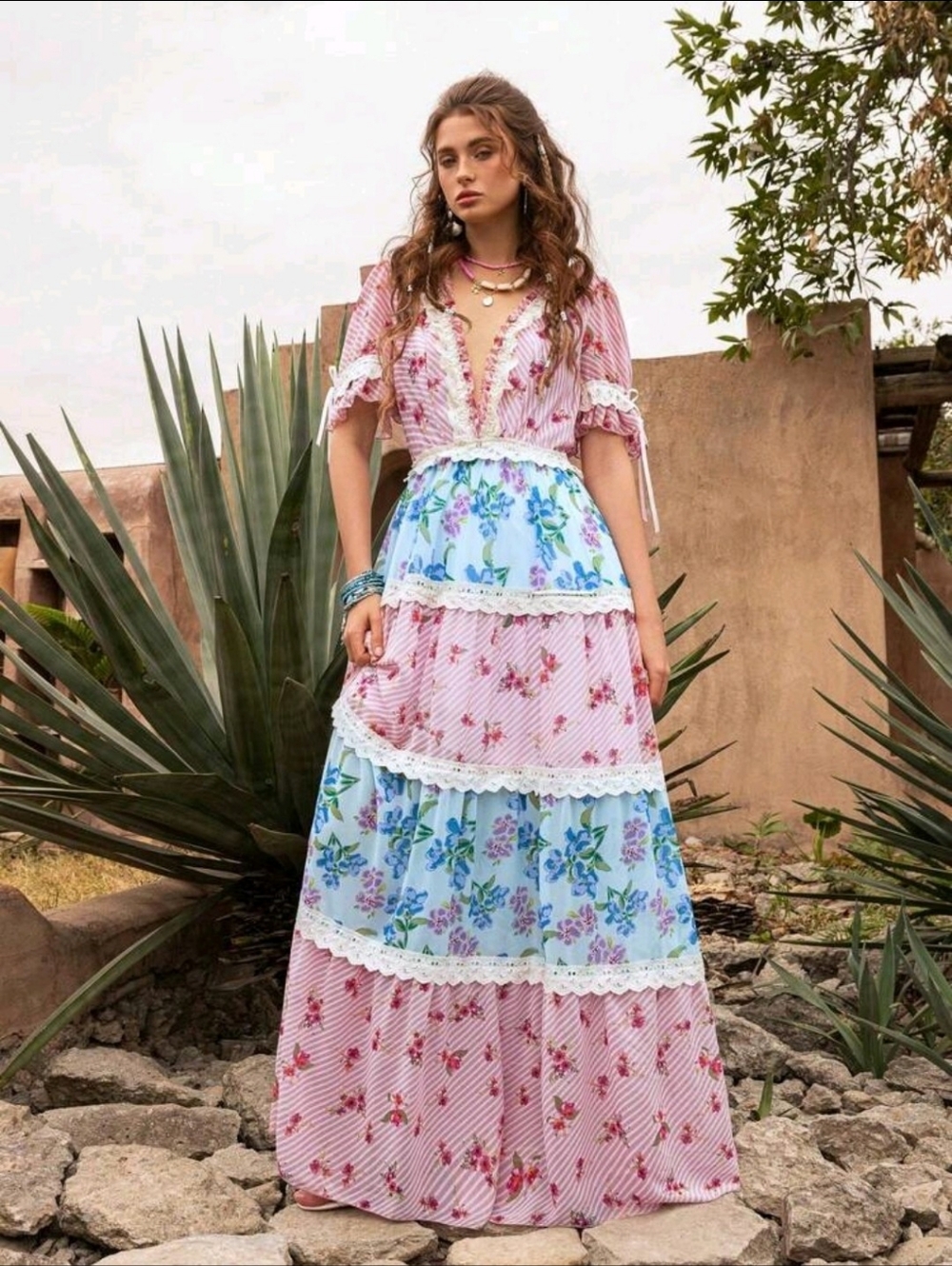 Floral Tiered Maxi Dress in Pink and Blue - Picture 7 of 16